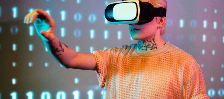 a person wearing a VR headset surrounded by binary code