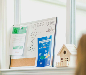 A whiteboard displaying percentages on mortgage loans