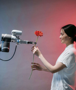robot giving a flower to a girl.