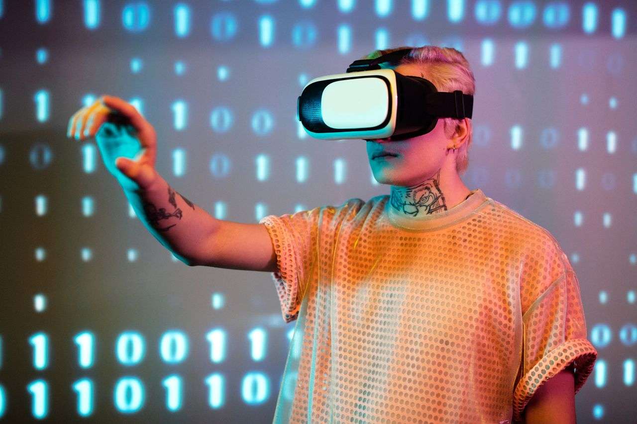 a person wearing a VR headset surrounded by binary code